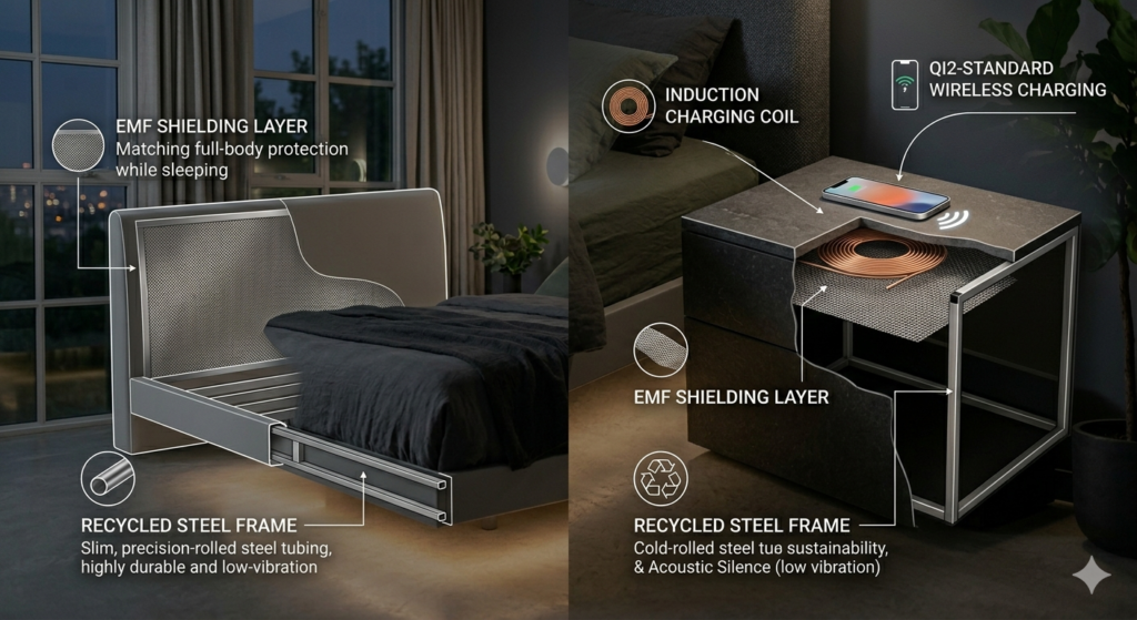 Technical breakdown of 2026 smart furniture construction with EMF shielding and wireless charging coils.