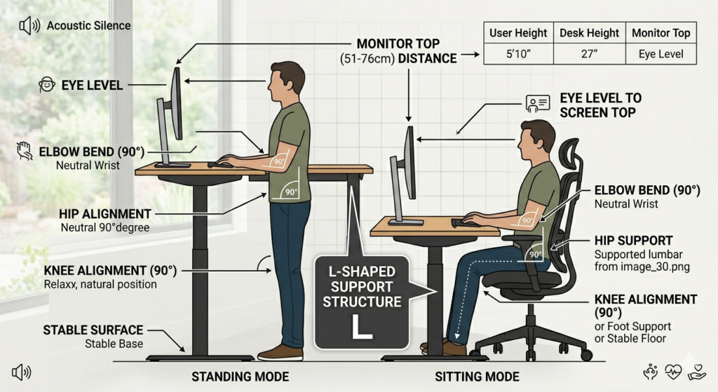Ergonomic diagram for a home office layout showing the 90-degree rule for spine health.