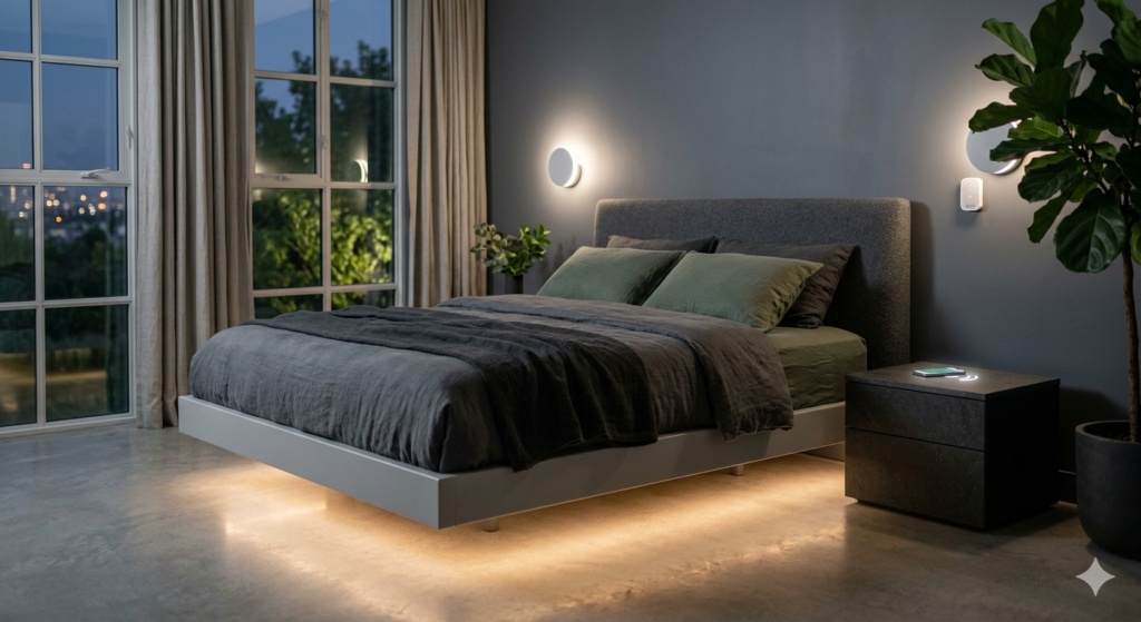 Integrated smart furniture in a modern 2026 bedroom featuring a floating bed and inductive charging nightstand.