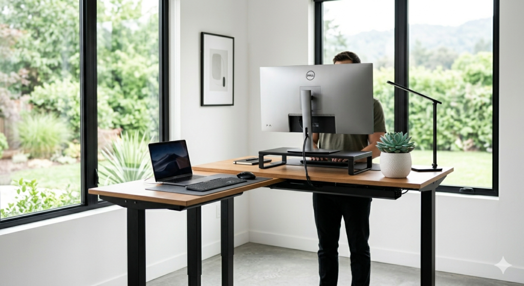 Premium L-shaped desk home office desks setup in a bright modern room.