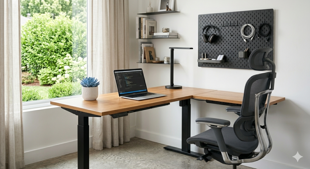 Modern small home office furniture layout featuring an L-shaped standing desk and ergonomic mesh chair.