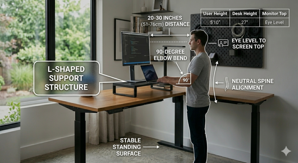 Ergonomic posture chart showing ideal height for home office desk users.
