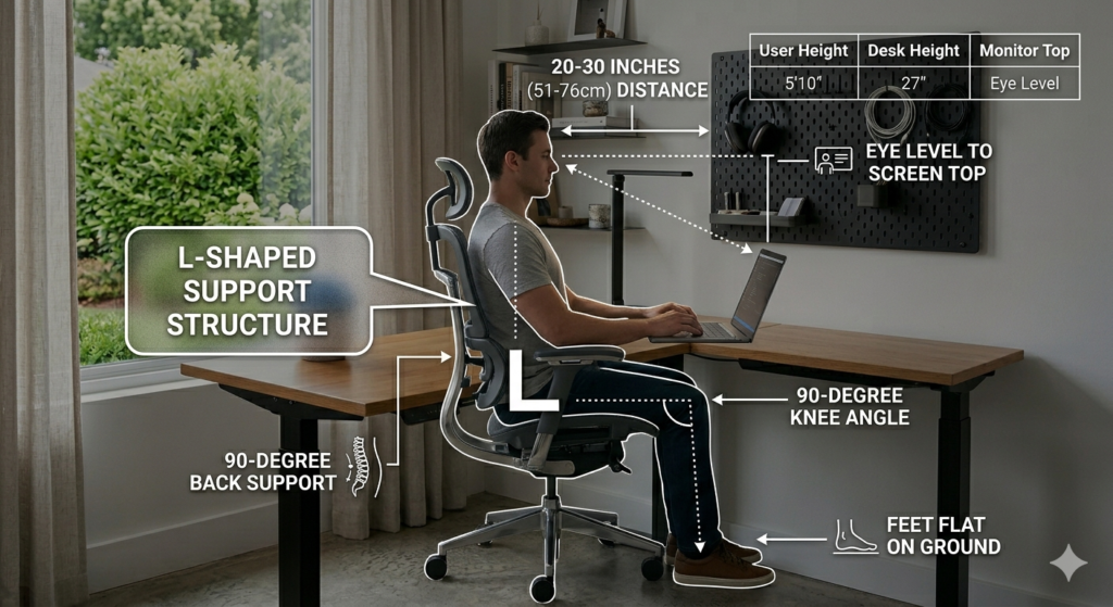 Ergonomic diagram showing correct sitting posture and desk height for home office furniture.