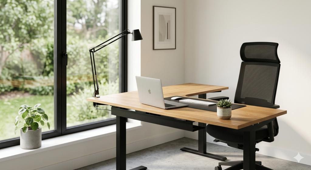 Modern high-performance home office layout with ergonomic furniture and natural side-lighting.