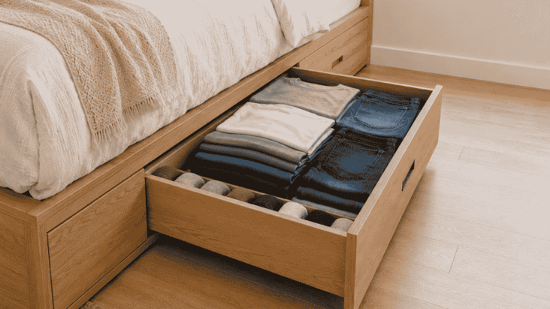 A queen platform bed frame with two side storage drawers pulled open showing neatly organized folded clothing inside, demonstrating how bed storage replaces a floor-standing dresser in a small bedroom
