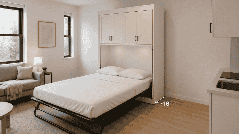 A freestanding cabinet bed in a studio apartment standing independently from the wall, the bed deployed showing a full mattress, no wall anchoring visible — the renter-friendly alternative to a wall-mounted murphy bed
