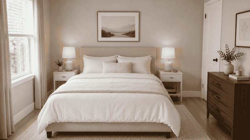Small bedroom with a queen bed centered on the main wall, symmetrical nightstands on each side, and visible 36-inch walking clearance on the primary side