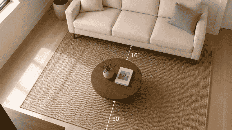 A round 34-inch walnut coffee table positioned 16 inches from an 80-inch sofa demonstrating the 2/3 length formula with visible comfortable walkway clearance in a small living room
