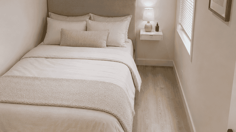 Narrow bedroom under 10 feet wide with a bed tucked into the corner against two walls, wall-mounted floating shelf as nightstand, and open floor space on the room side