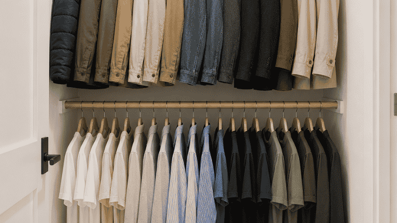 A small bedroom closet with a second hanging rod added at 40 inches height below the original rod at 65 inches, doubling the hanging capacity with shirts on the lower rod and jackets on the upper rod, a two-tier shoe rack on the closet floor
