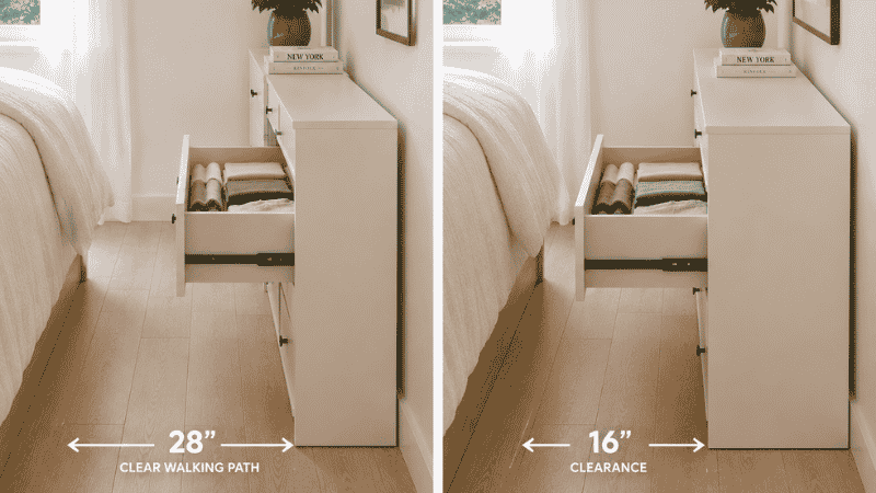 Side-by-side comparison showing a 16-inch deep dresser with its drawer open fitting within the walkway versus a 20-inch deep dresser whose open drawer blocks the path in a small bedroom
