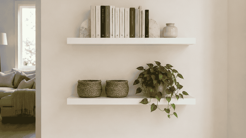 Three white floating shelves at 24, 42, and 60 inches height on a living room wall holding books, plants, and objects, with clear floor beneath showing no floor space consumed
