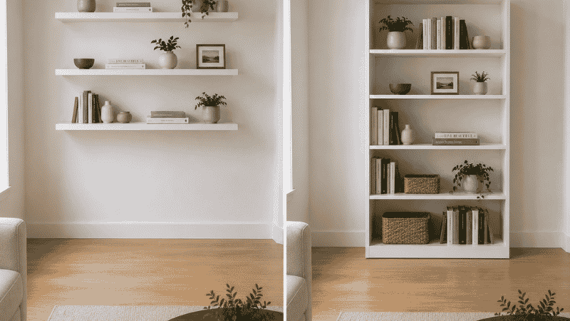 Small living room wall comparison: left side shows three floating shelves at 24, 48, and 60 inches height with floor completely clear below, right side shows a freestanding bookcase occupying the same wall consuming floor space

