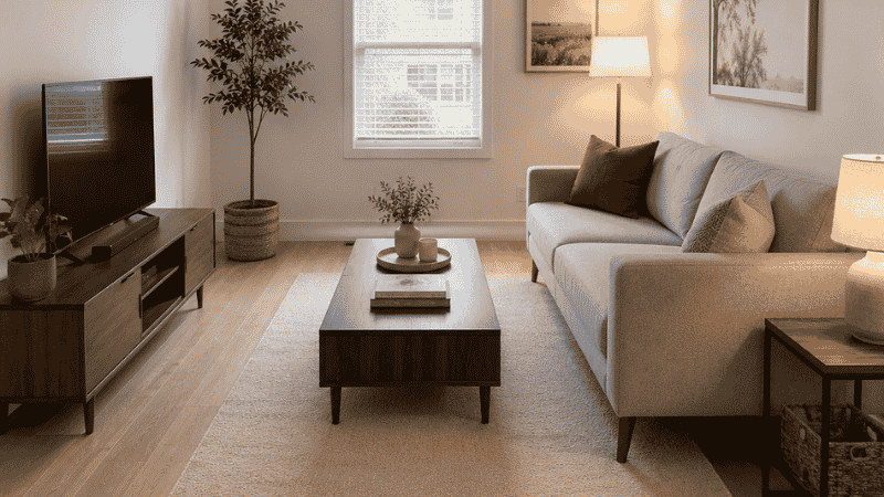 Small living room with a gray sofa floated 6 inches from the wall, rectangular coffee table, and clear walkway behind