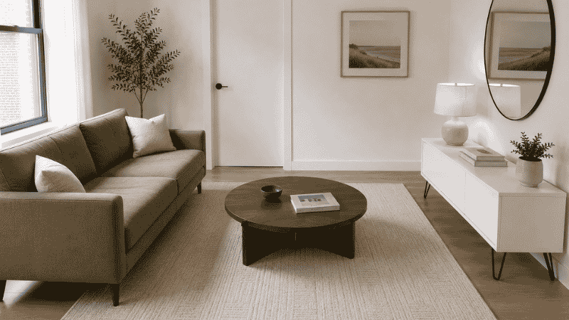 A small living room with correctly scaled furniture — a compact mid-century sofa, round coffee table at 2/3 sofa length, and a low media console — showing ideal proportion for a room under 150 sq ft
