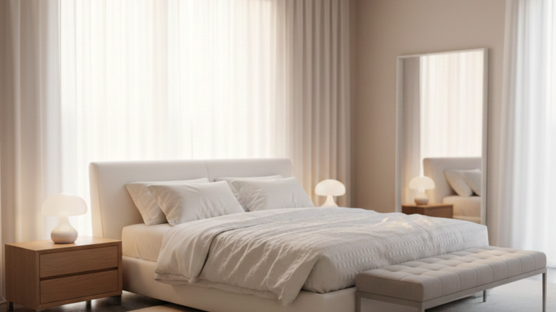 An upholstered Grainv gas-lift storage bed in the open position, showcasing a spacious hidden compartment for luxury small space furniture organization.