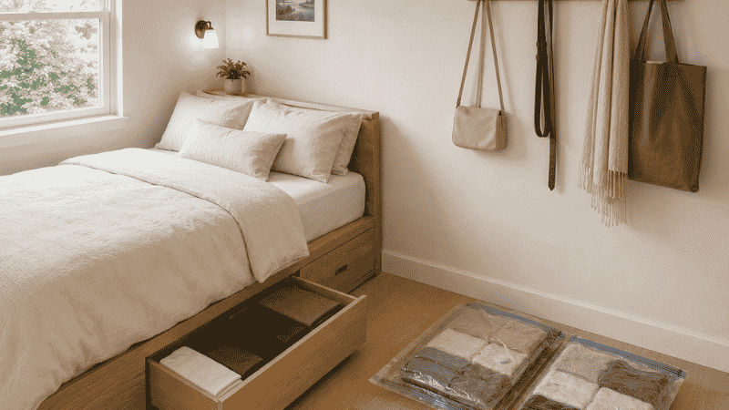 A small bedroom showing three clothing storage alternatives without a dresser: bed frame drawers open showing folded clothes, a wall-mounted peg rail with bags and accessories at 62 inches height, and vacuum storage bags visible under the bed edge

