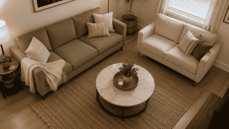 Small square living room with an L-shaped sofa arrangement using a sofa and loveseat in the corner, coffee table centered between them
