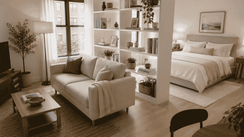 Large 500 sq ft studio apartment with an open-back bookcase used as a peninsula room divider between the sleeping zone and living zone, light passing through the shelves
