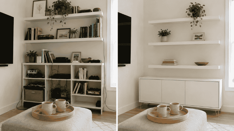 Side-by-side comparison of a small living room wall: left shows a cluttered open shelving unit with everything visible, right shows the same wall with closed-door cabinets below and minimal styled open display above, demonstrating the 80/20 concealed to display storage ratio
