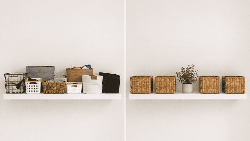 Before and after comparison: left shelf shows eight mismatched small baskets looking chaotic, right shows the same shelf with four matching woven baskets that look intentional and styled
