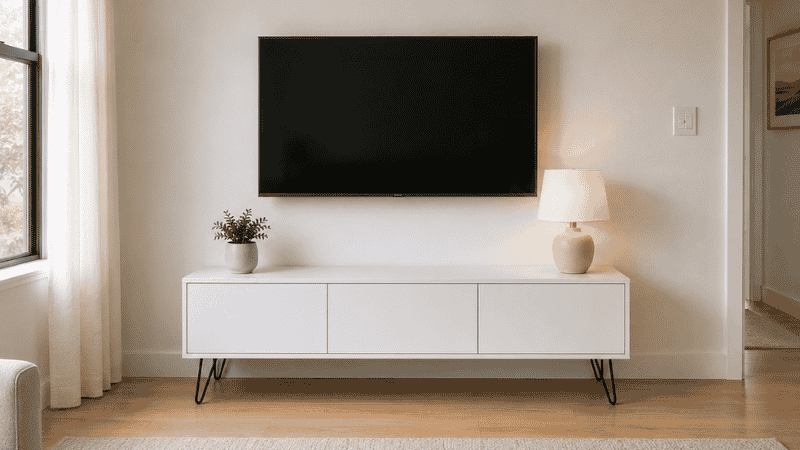 A 54-inch wide low media console 22 inches tall with hairpin legs and closed cabinet doors in a small living room, TV mounted above it on the wall with no visible cords, wall space above kept open
