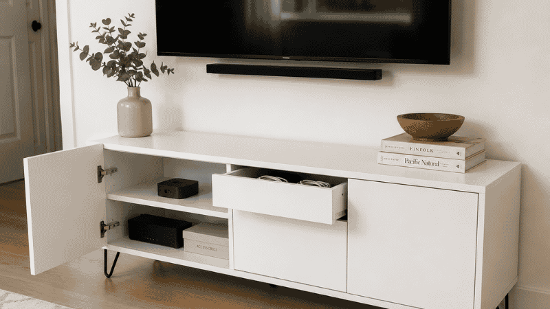 A 54-inch white media console with one cabinet door open revealing neatly organized electronics including a streaming box and router, the other cabinet closed, hairpin legs showing floor beneath
