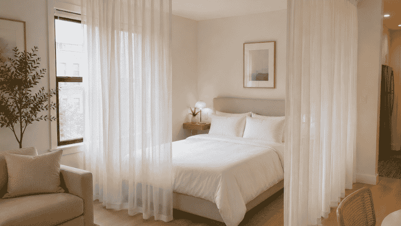 Micro studio sleeping zone defined by sheer ceiling-height curtains on a ceiling-mounted track that can be drawn around the bed for privacy
