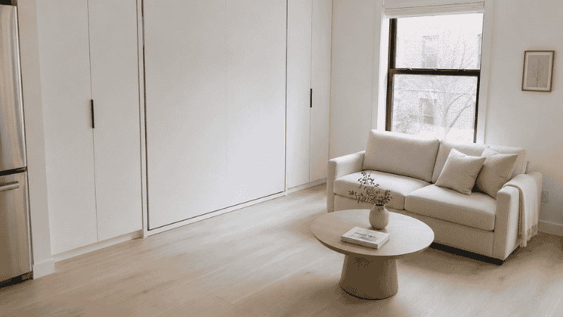 A micro studio apartment under 300 sq ft with a Murphy wall bed folded up into the wall cabinet, revealing a clear open floor space used as a living area during the day

