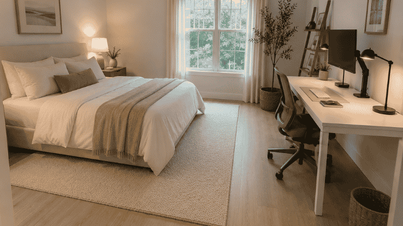 Studio bedroom divided into sleeping and working zones using a rug boundary and desk placement, each zone with its own light source and 36-inch aisle between them