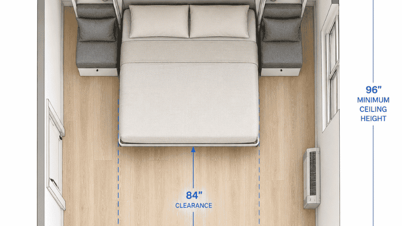 A studio apartment floor plan view showing a murphy bed with sofa unit requiring 90 inches of wall width and 84 inches of floor clearance when the bed is deployed, with measurement annotations
