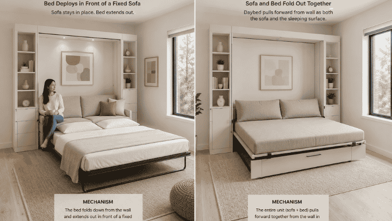 Side-by-side showing Type 1 murphy bed with sofa where the sofa stays and bed folds down in front versus Type 2 murphy sofa where the seating surface itself pulls down as the bed