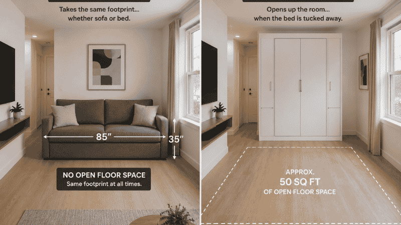 Before and after comparison showing the same studio apartment: left with a sofa bed always occupying floor space in both sofa and bed mode, right with a murphy bed system where the bed disappears into the wall leaving full open floor space during the day