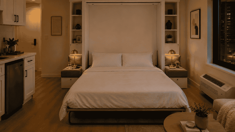 A studio apartment at night with the murphy bed fully deployed horizontally showing a made bed with white bedding, the sofa sections visible on either side of the wall cabinet behind the deployed bed, warm bedside lighting