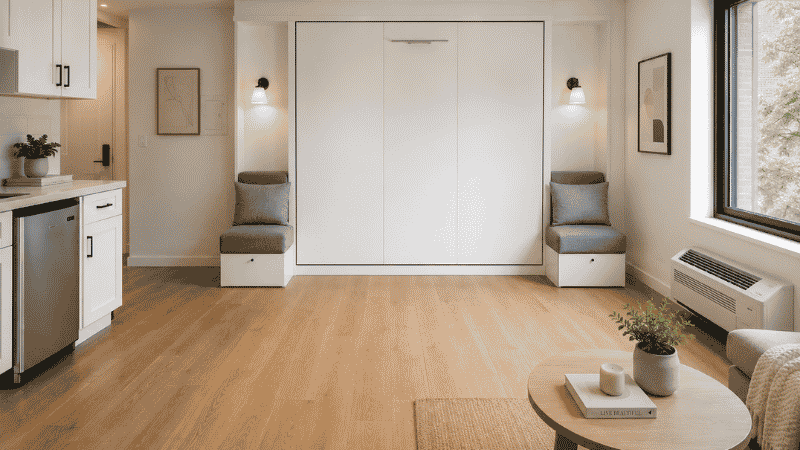 A studio apartment with a murphy bed with sofa unit in its closed daytime position, looking like a white wall cabinet with a compact sofa on each side, full living room floor space visible in front