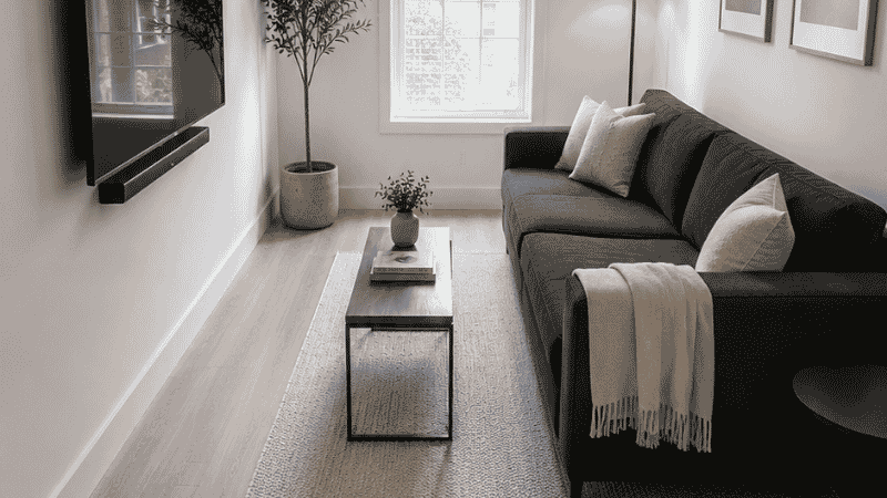 Long narrow living room with TV mounted on the long side wall instead of the short end wall, sofa placed perpendicular to the room's length