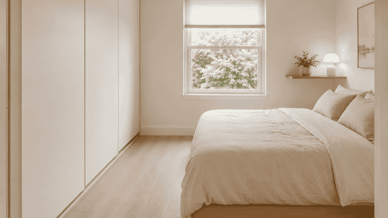 A bedroom without a built-in closet solved with a floor-to-ceiling wardrobe with sliding mirror doors covering one full wall, the bed on the opposite wall with 36 inches of clearance between them
