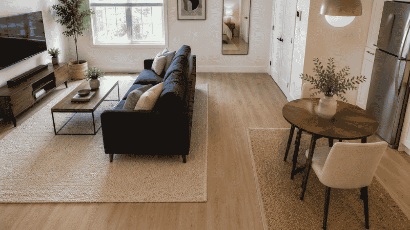 Open-plan studio apartment showing distinct living and dining zones defined by rugs and sofa back placement, 36-inch aisle between them