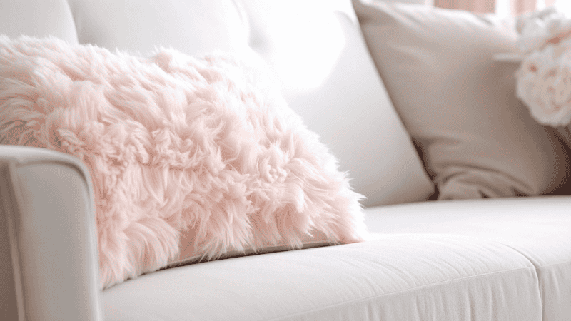 Close-up of high-quality performance velvet fabric swatches next to a modern sofa arm, highlighting stain resistance for multi-functional small spaces.
