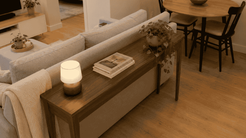 A slim 10-inch deep console table positioned against the back of a sofa at matching height creating a storage surface between the living zone and dining area behind it in a studio apartment
