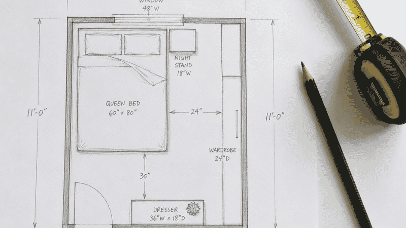 Furniture sizing cheat sheet for small bedrooms showing recommended maximum dimensions for bed frames, nightstands, dressers, and wardrobes