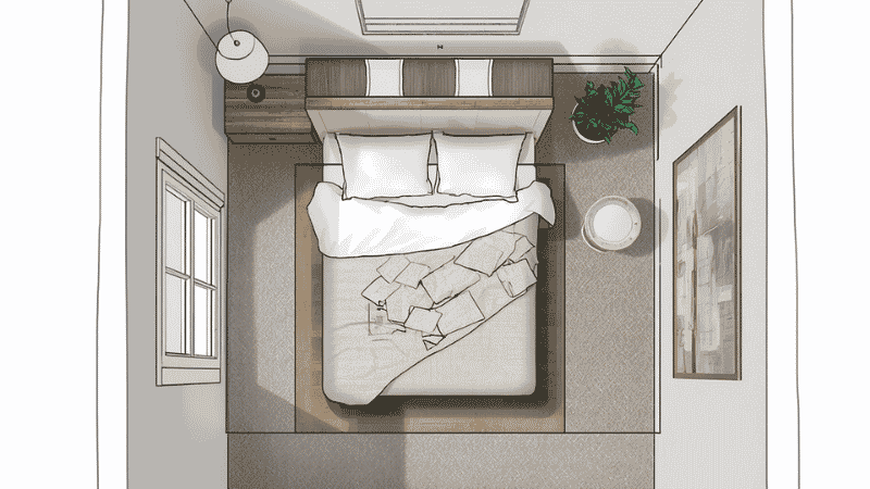 An overhead architectural view of a narrow bedroom layout demonstrating the 24-inch clearance rule and the use of a floating bed frame to increase perceived square footage.