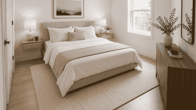 A small bedroom with a platform bed centered on the main wall, two slim nightstands, and 36 inches of clear walking space showing an efficient layout