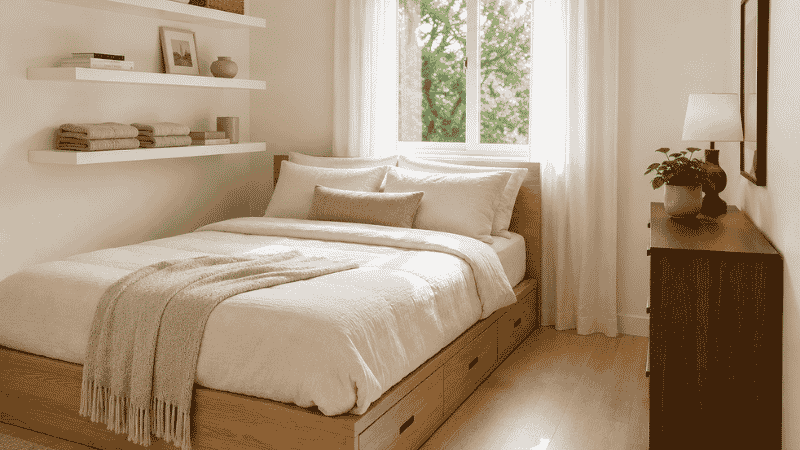 A small bedroom with maximized storage — platform bed with visible drawer handles, three floating wall shelves, and a slim dresser — showing organized use of every storage zone

