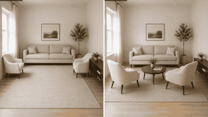 Before and after showing a small living room with all furniture pushed against the walls creating a dead center zone versus the same room with sofa floated 6 inches from the wall and furniture arranged in a functional grouping
