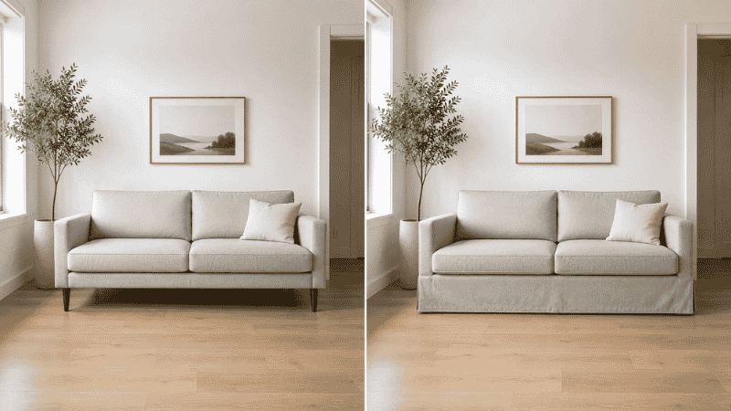Side-by-side comparison showing a mid-century sofa with exposed tapered legs on the left making the room feel open, versus a skirted-base sofa on the right that visually anchors to the floor and compresses the space
