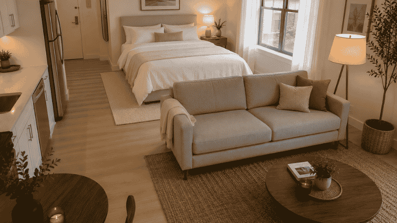 Standard 400 sq ft studio apartment with a sofa positioned with its back facing the bed, creating a visual wall between the sleeping zone and living zone, with two separate rugs defining each area
