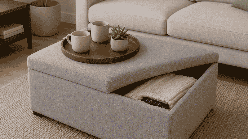 A square storage ottoman 18 inches tall with a wooden serving tray on top functioning as a coffee table in a small living room, lid open on one side showing interior storage space for throws and remotes
