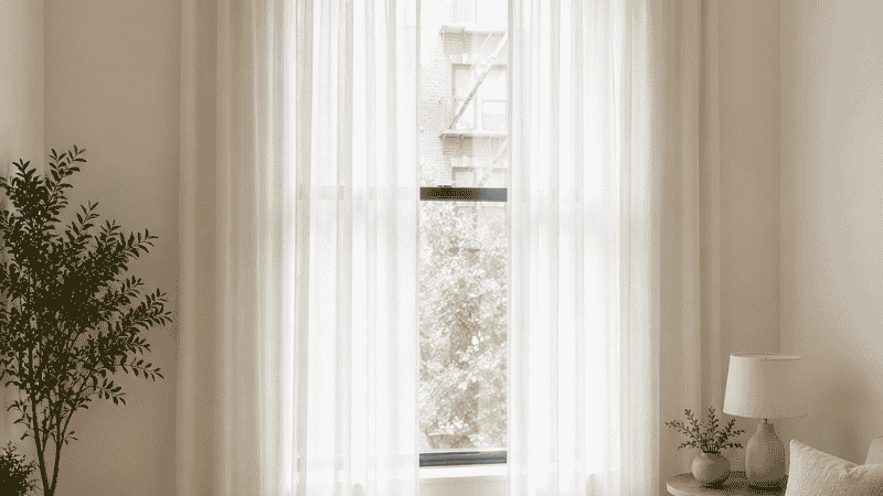 Studio apartment with floor-to-ceiling curtains hung from a ceiling-mounted track above a mid-height window, making the 8-foot ceiling appear significantly taller
