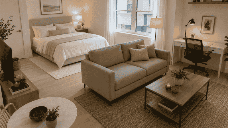 A well-zoned studio apartment with distinct sleeping, living, and working areas defined by rugs and furniture placement in one open room
